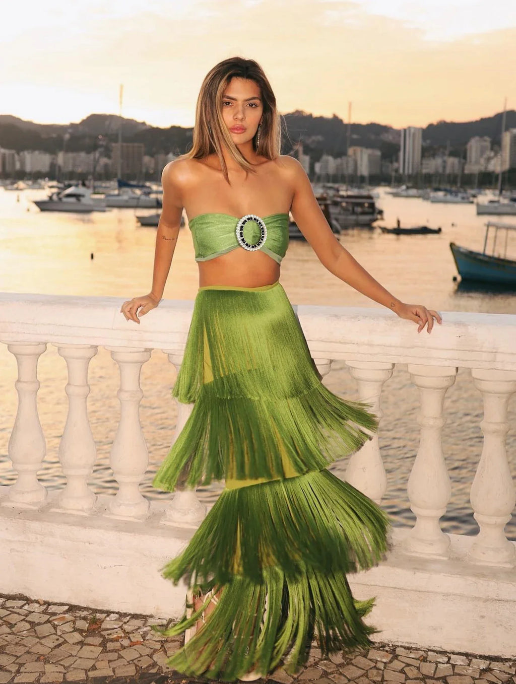 Tassel A Line High Waist Beach Two Piece Skirt Set
