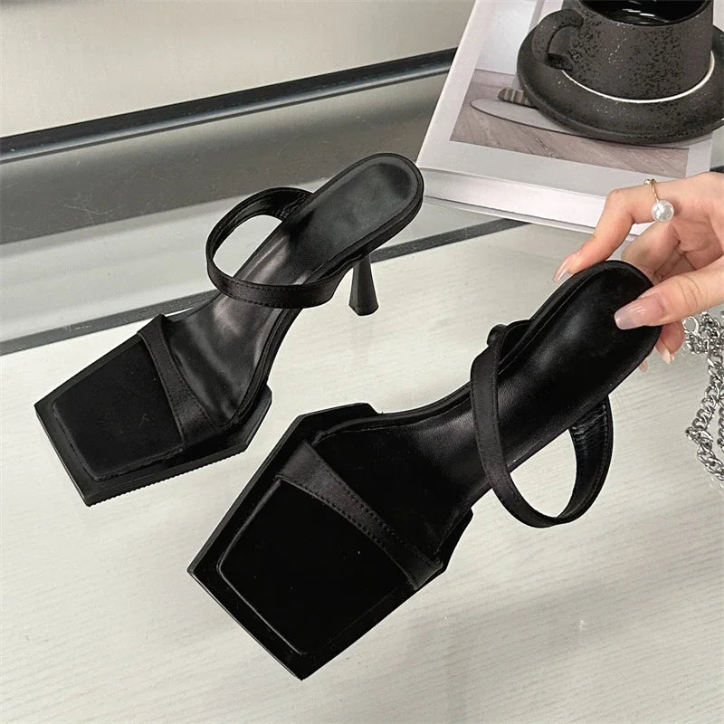 Summer Fashion Narrow Band Square open Toe Woman Slippers with Thin High Heels