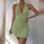 Ruched Halter Deep V-Neck Bodycon Mini Dress