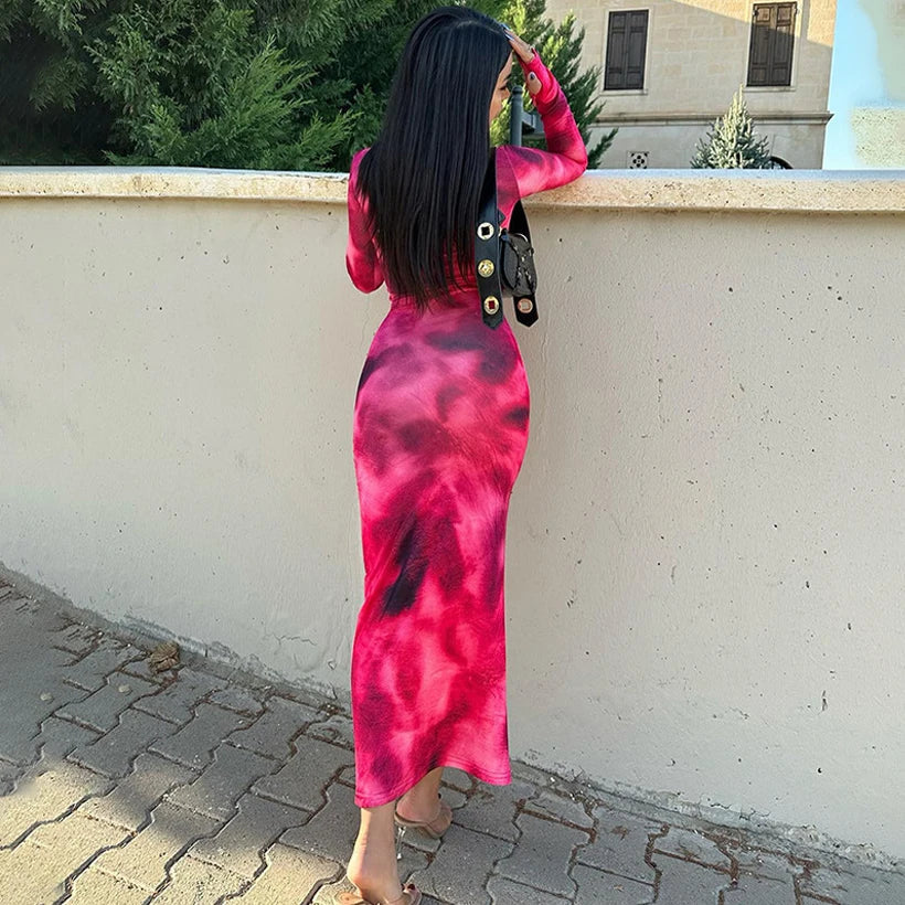 Crew Neck Long Sleeve Abstract Marble Print Bodycon Maxi Dress