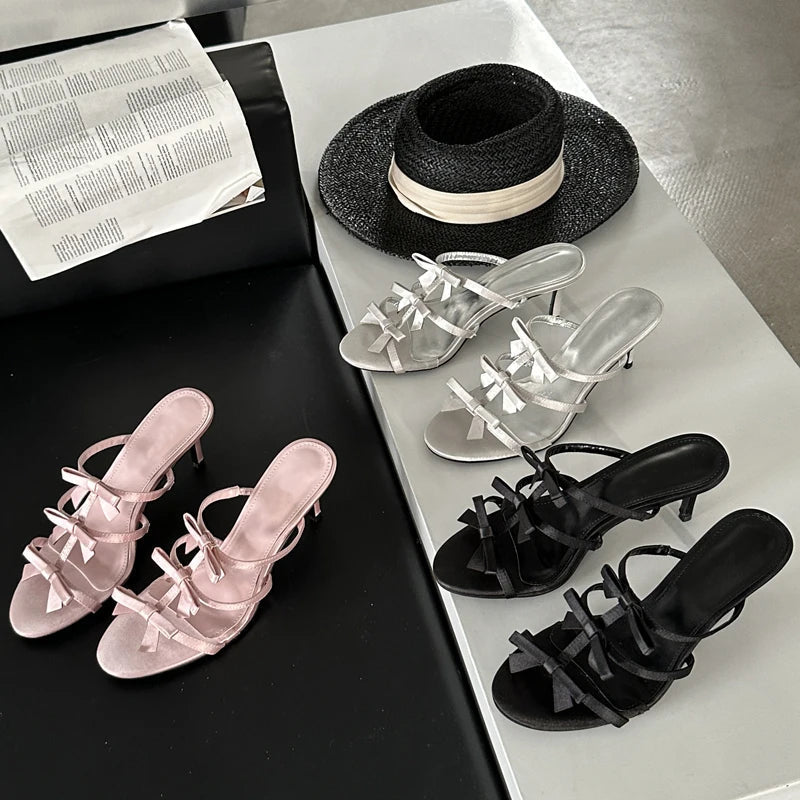 Flower Woman Slippers with Thin Low Heels and Narrow Band for Summer Beach or Stripper Use