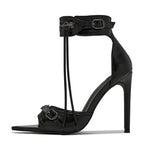 Summer Fashion Zip Tassel Women Sandals with Metal Rivet Buckle, Pointed Open Toe Stripper Heels