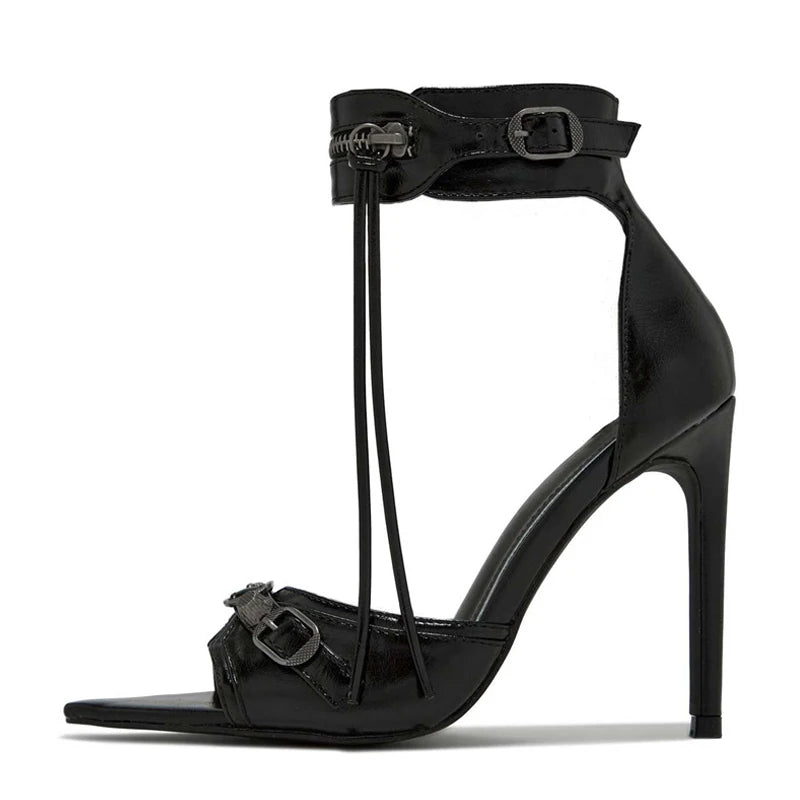 Summer Fashion Zip Tassel Women Sandals with Metal Rivet Buckle, Pointed Open Toe Stripper Heels