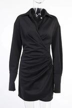 Lapel Pleated Slim Mini Dress