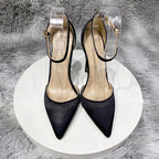 Silk Satin Ankle Strap Pointy Toe High Heel Shoes for Women in Black, Pink, and Green