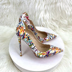 Floral Print V-Cut Pointy Toe High Heel Shoes for Women