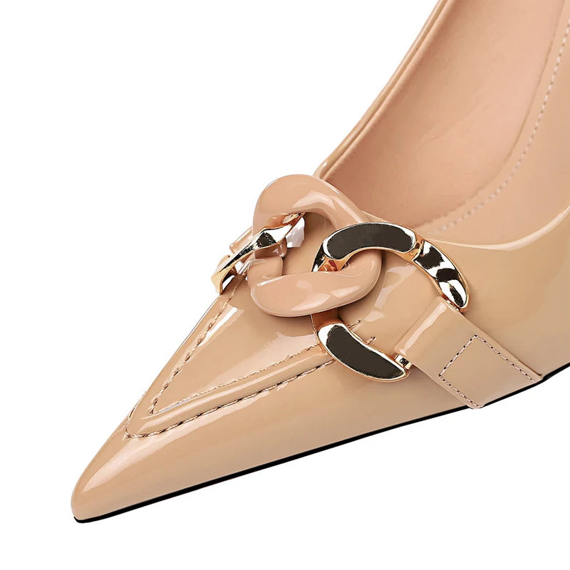 Metal Button Woman Pumps Patent Leather High Heels Sexy Party Shoes Stiletto Heels Luxurious