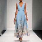 V-Neck Waistband Floral Hem Chiffon Maxi Dress