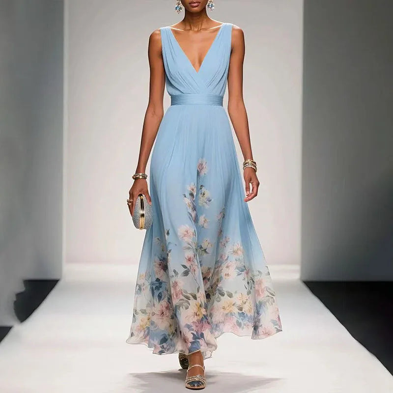 V-Neck Waistband Floral Hem Chiffon Maxi Dress