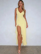 Deep V-Neck Ruffle Trim High Slit Tank Maxi Dress