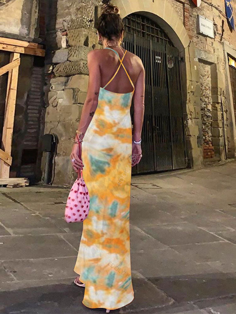 Tie-Dye Print Cowl Neck Spaghetti Strap Slip Maxi Dress