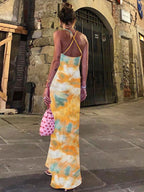 Tie-Dye Print Cowl Neck Spaghetti Strap Slip Maxi Dress