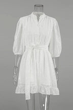 Patchwork Loose Mini Dress with Lace Up Detail
