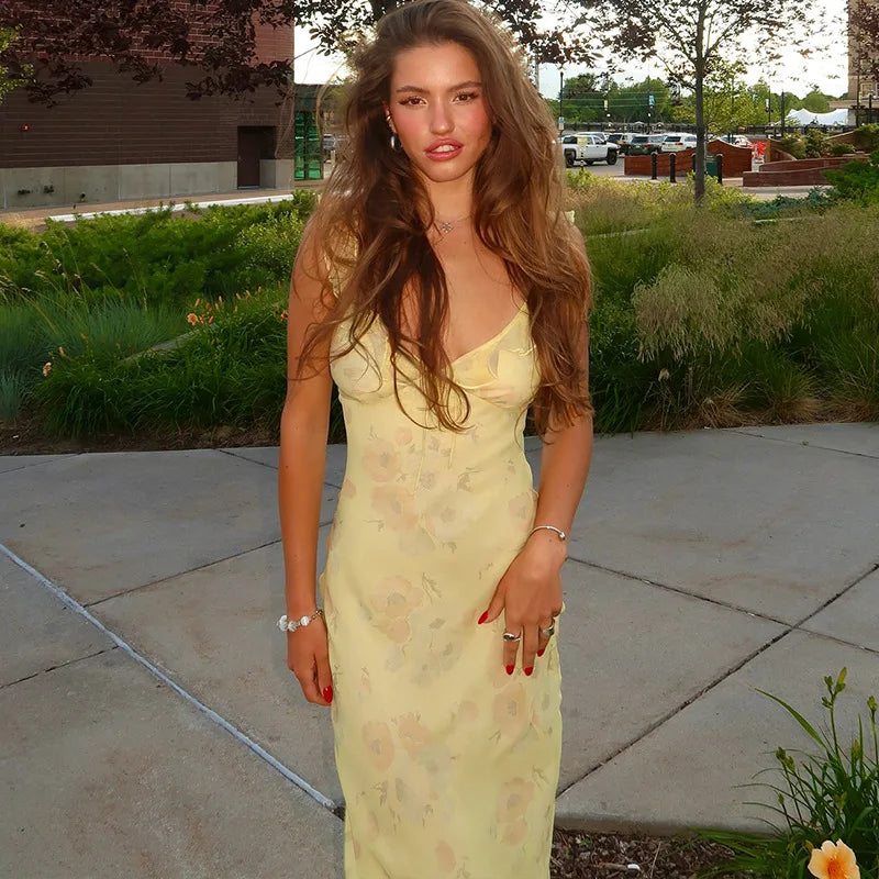 Floral Print Spaghetti Strap V Neck Slip Maxi Dress