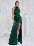 Giovanna Halter Satin Gown Dress with High Slit