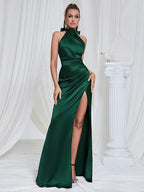 Giovanna Halter Satin Gown Dress with High Slit