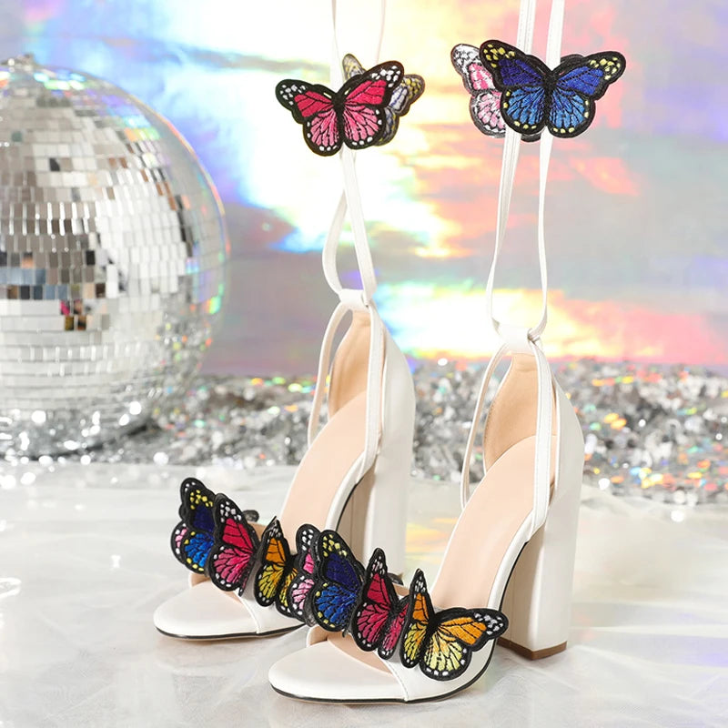 White Open Toe Sandals with Handwork Embroidery Butterfly Lace-Up High Heels for Women