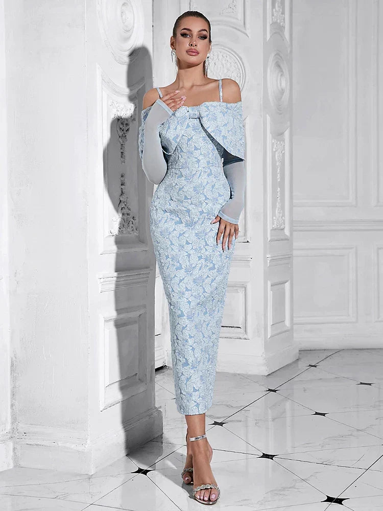 Off Shoulder Bow Detail Floral Jacquard Sheer Long Sleeve Bodycon Midi Dress