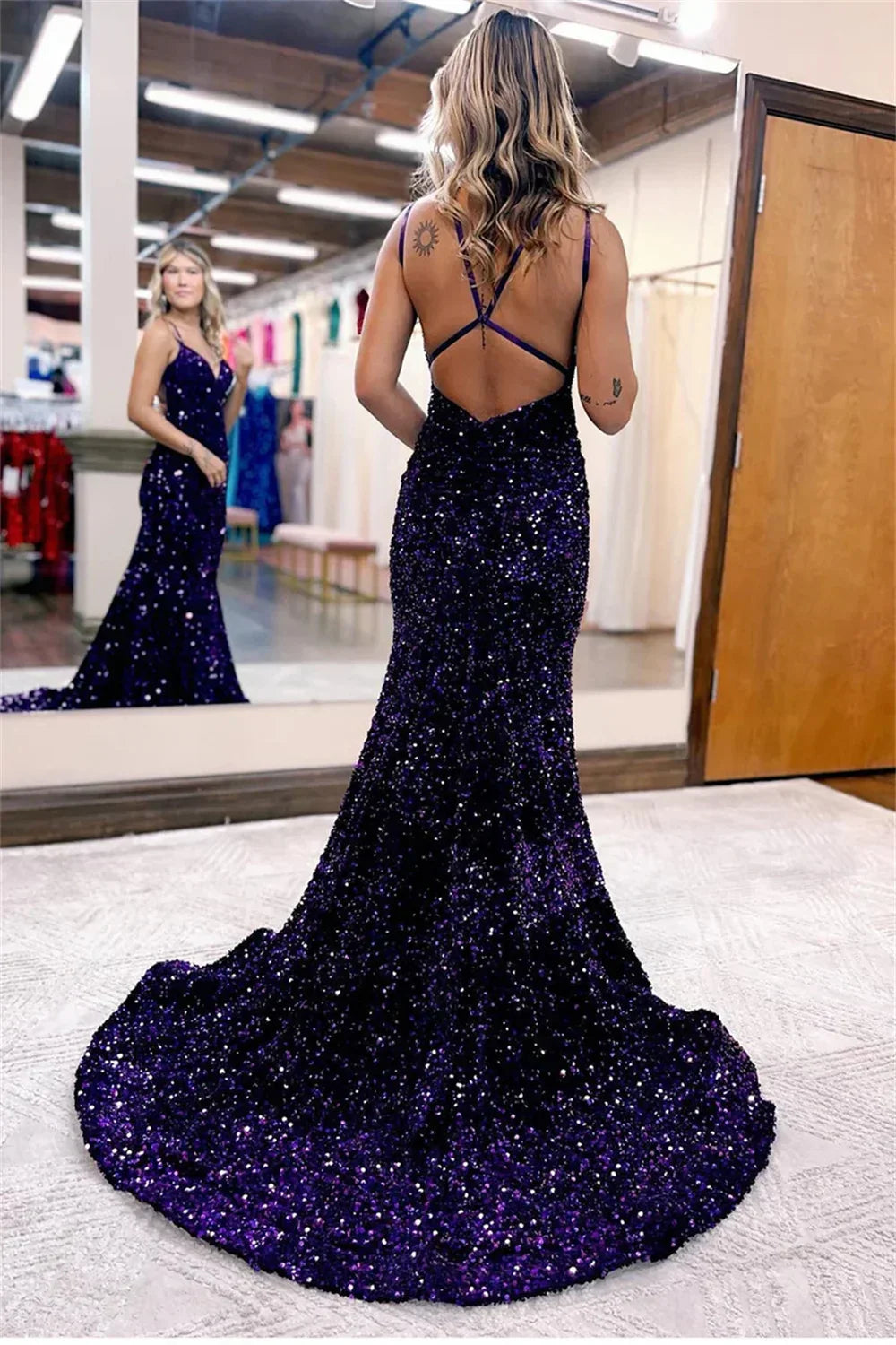 Sequin Criss Cross Back Deep V-Neck Mermaid Maxi Gown