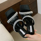 CRYSTAL Hollow Out Women Slippers with Square Toe and Thin Low Heels