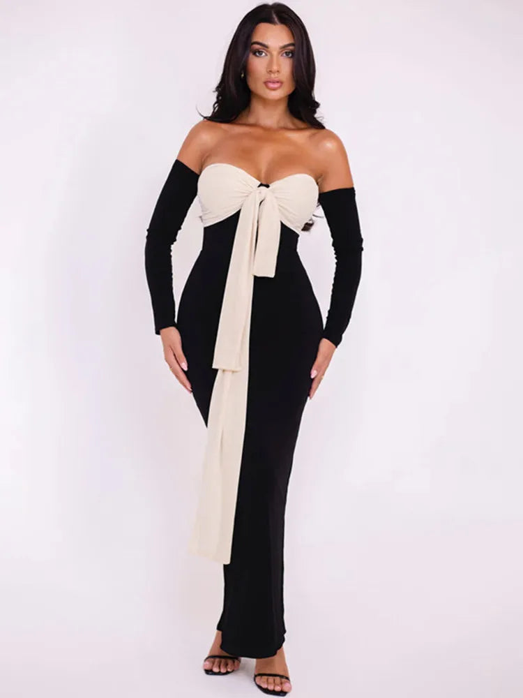 Off Shoulder Bow Detail Long Sleeve Front Sash Bodycon Midi Dress