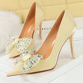 Women Pumps Rhinestone Bow High Heels in Silks and Satins