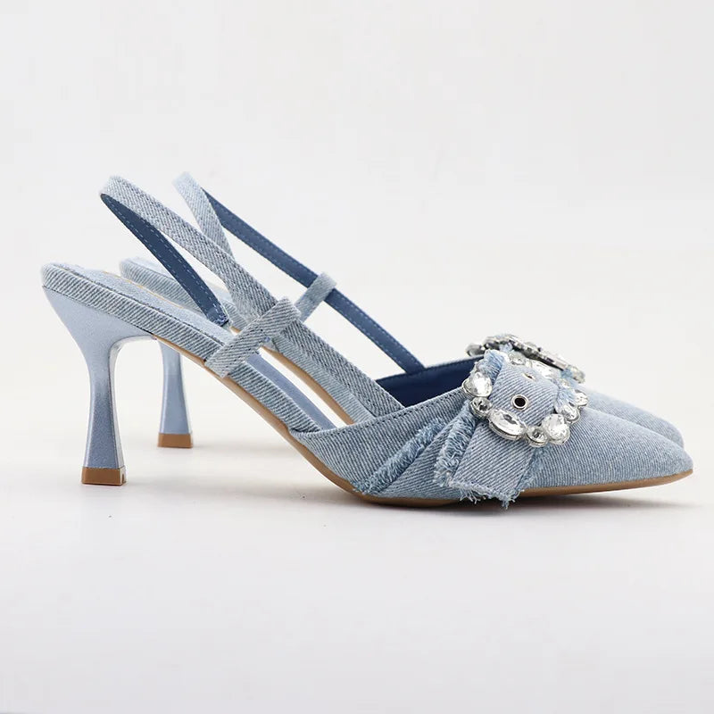 High-heeled denim sandals with rhinestone square buckle for autumn