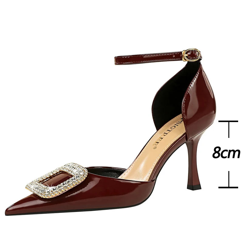Patent Leather Rhinestone Kitten Heel Women Sandals with Buckle for Summer