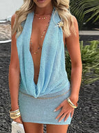 Sequin Halter Deep Cowl Neck Bodycon Mini Dress