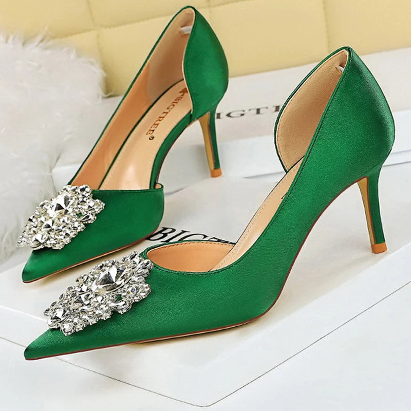 Satin Rhinestone High Heels for Women - Elegant Banquet Stilettos Lady Heels