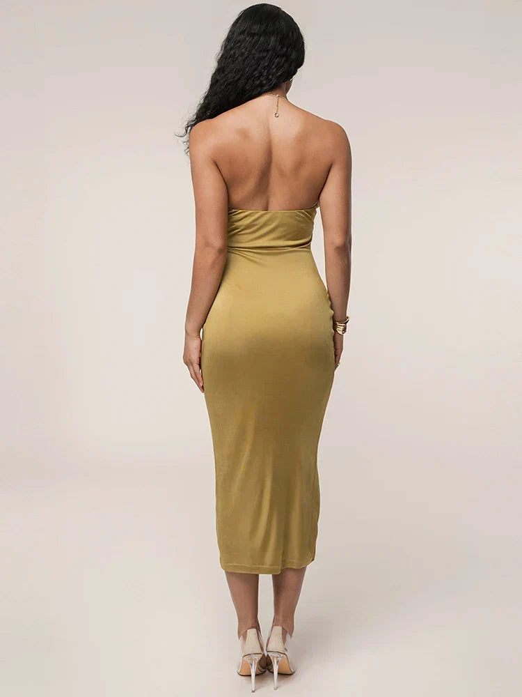 Ring Link Halter Midriff Cut Out Twist Front Bodycon Midi Dress