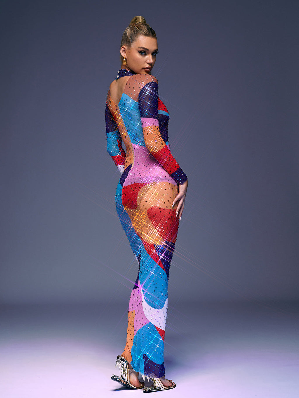 Saanvi Long Sleeve Multi Rhinestone Maxi Dress