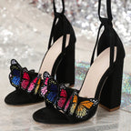 Butterfly Embroidered Summer Gladiator Sandals with Lace Up High Heels