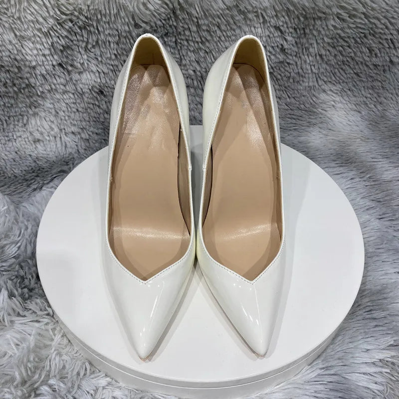Glossy White Pointy Toe High Heel Shoes with Front V Cut for Women