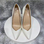 Glossy White Pointy Toe High Heel Shoes with Front V Cut for Women