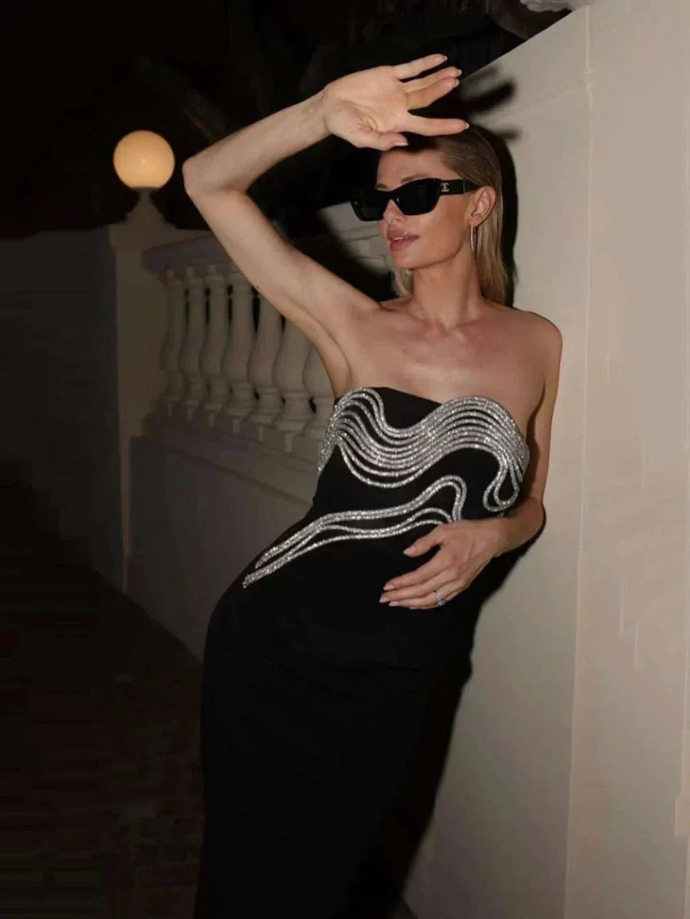 Strapless Wave Rhinestone Bandage Maxi Dress