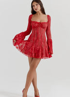 Square Neck Lace Bell Sleeve Tie Front Bustier Fit and Flare Mini Dress