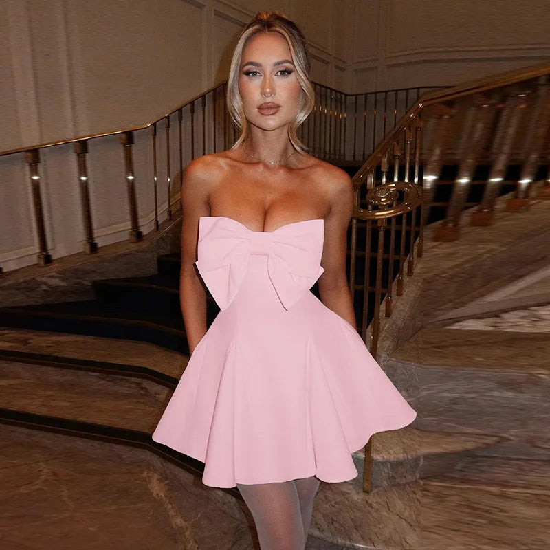 Oversized Bow Strapless Pleated Fit and Flare Mini Dress