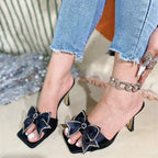 Bowknot Satin Thin Heels Slippers for Women, Summer Open Toe Street Style Fashion