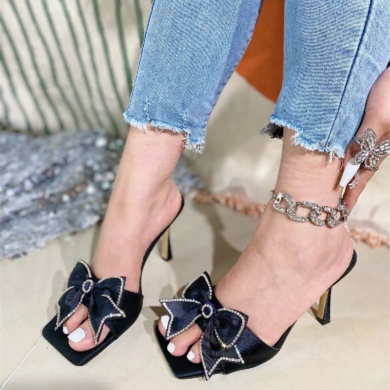 Bowknot Satin Thin Heels Slippers for Women, Summer Open Toe Street Style Fashion
