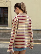 Spring Summer New Women's Retro Striped Polo Collar Oversized Long Sleeve T - Shirt Trendy Casual Loose Basic Top