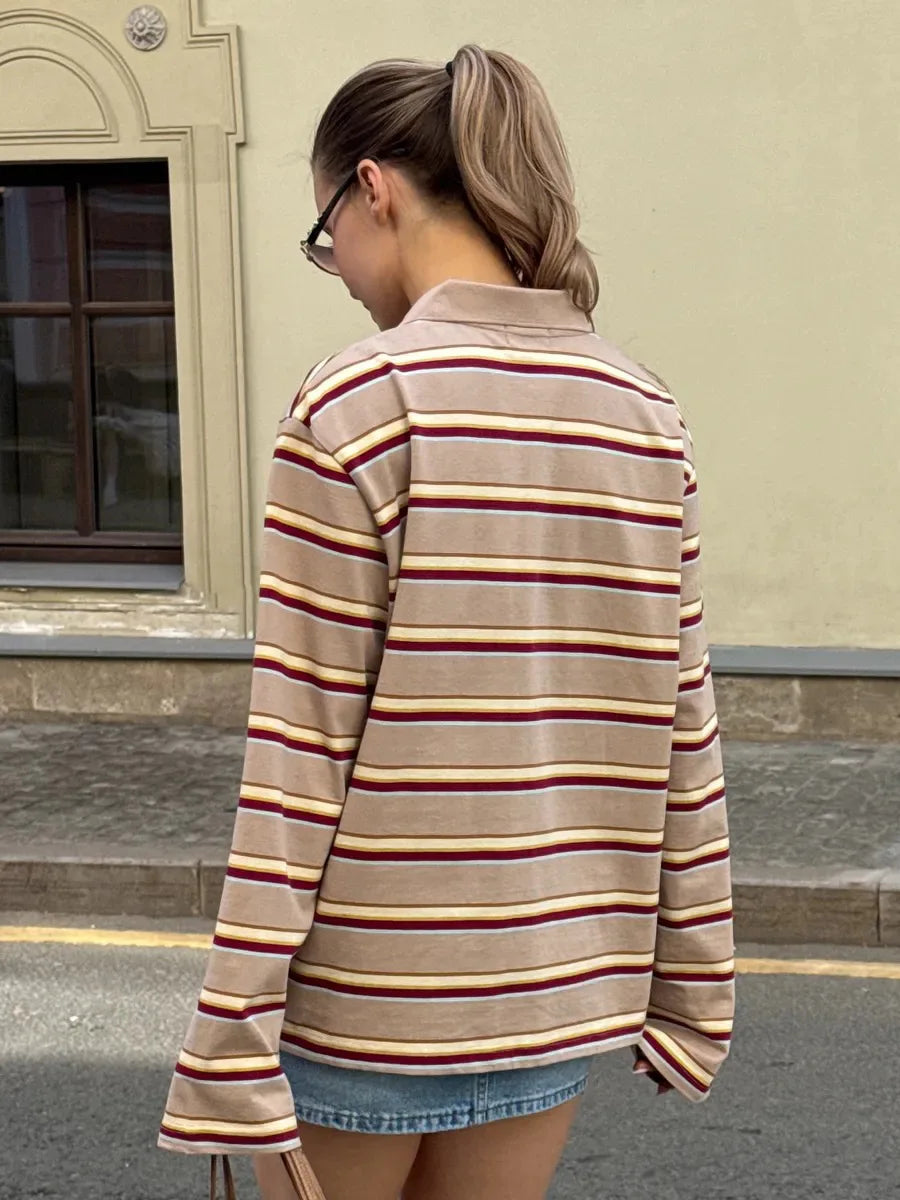 Spring Summer New Women's Retro Striped Polo Collar Oversized Long Sleeve T - Shirt Trendy Casual Loose Basic Top