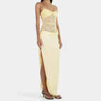 Lace Inset Sweetheart Ruched Bust Satin Draped High Slit Maxi Dress