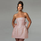 Jacquard Strapless Bow Back Fit and Flare Mini Dress
