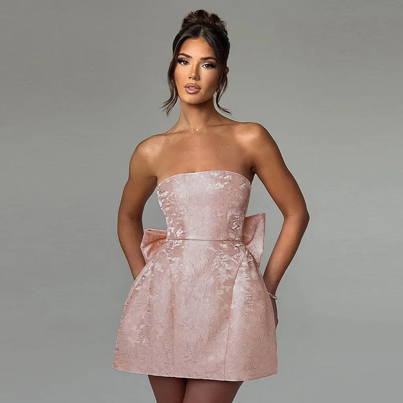 Jacquard Strapless Bow Back Fit and Flare Mini Dress