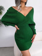 Rib Knit Off-Shoulder Surplice Dolman Sleeve Bodycon Mini Dress