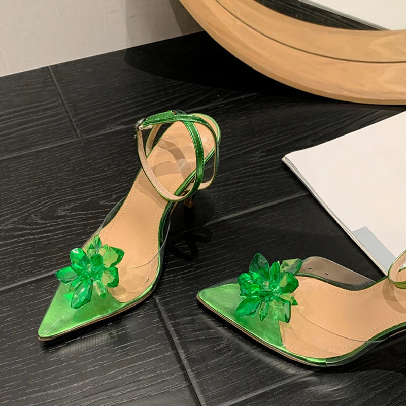 Crystal Flower Women Pumps with Sexy Pointed Toe and Green High Heels