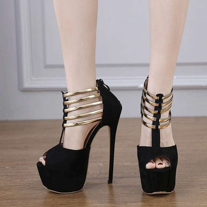 Metal Strap Zip Women Platform Pumps with Hollow Out Design