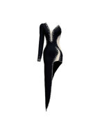 Rhinestone Mesh One Shoulder Long Sleeve Cut Out Bandage Asymmetric Hem Dress