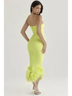 One Shoulder Spaghetti Strap Feather Trim Hem Bodycon Midi Dress
